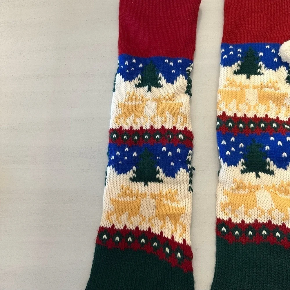 Christmas Knit Reindeer & Christmas Tree Red Green & Gold Pair of Stockings